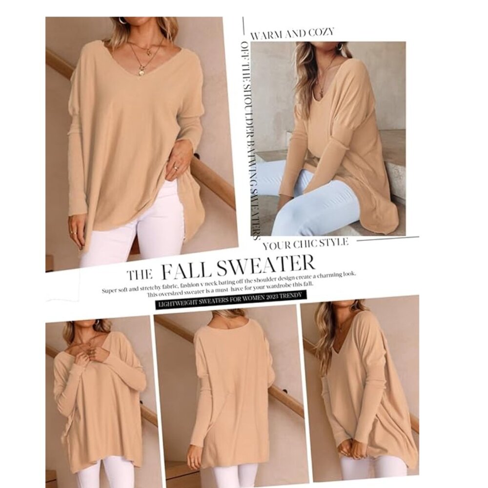 Oversize V Neck Sweater Bishop Sleeve Khaki Tan Women Sz M